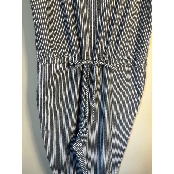 DREW Anthropologie Pin Stripe Blue Ivory Jumpsuit Pockets Criss Cross Back sz. M - Picture 3 of 7